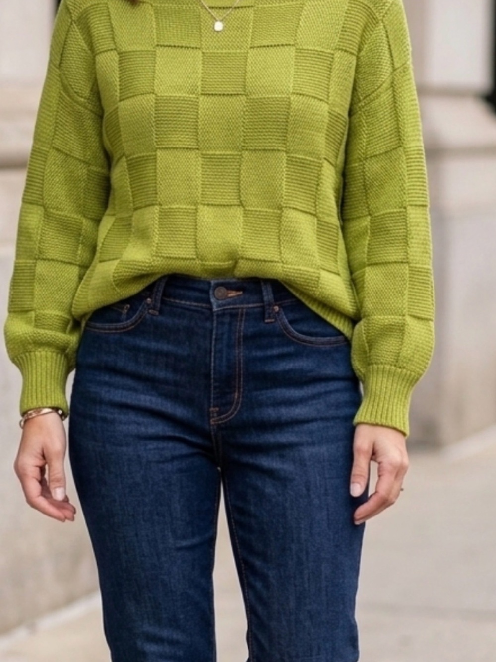 SHEIN Olive Green Checkered Knit Crewneck Sweater
